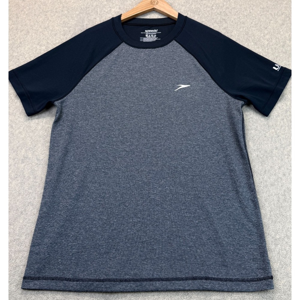 Speedo Mens Rashguard Sun Protection Swim Tee Heather Blue Raglan Short Sleeve M